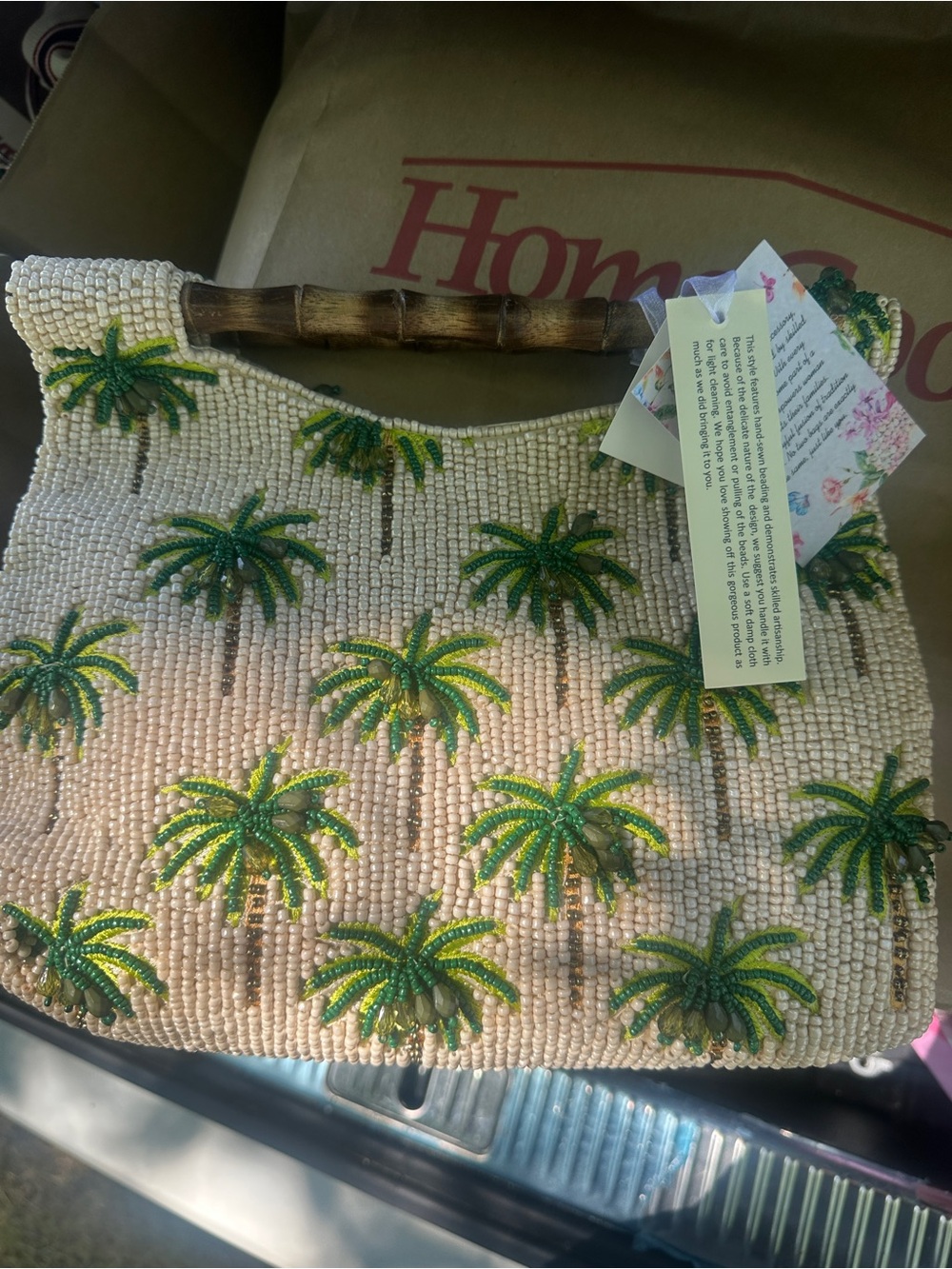 Made in India viral Palm tree motif Bag - Cream & Green - Picture 2 of 2